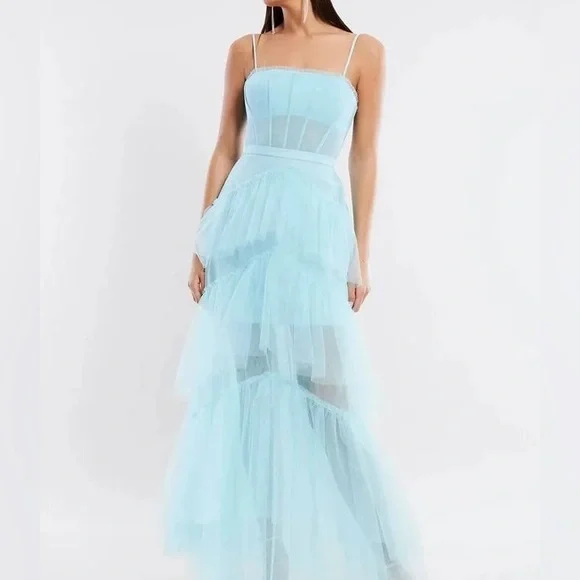 Bcbg Oly Tiered Ruffle Tulle Evening‎ Gown in Angel Blue - Picture 3 of 4
